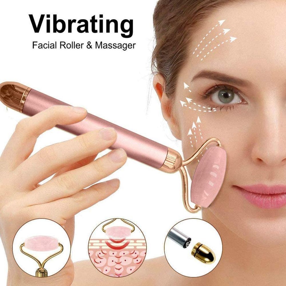 Pink Oval Vibrating Rose Quartz Face Jade Roller with attachment, For Massager